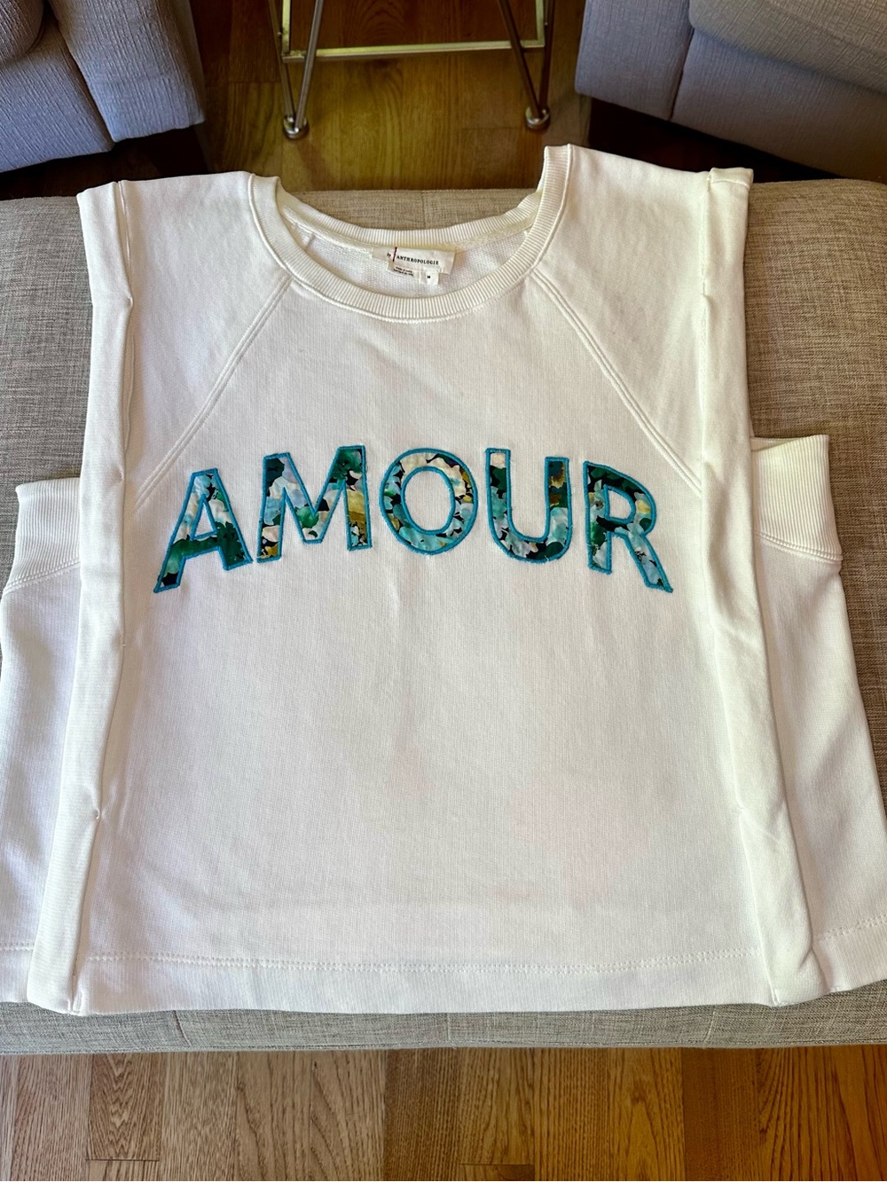 Anthropologie White Sweatshirt with Teal Floral AMOUR Applique